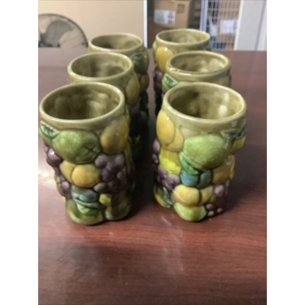 MCM Art Ceramic Tumbler Cups Fruit Grape Apple Pear Peach Hand Painted Signed 70